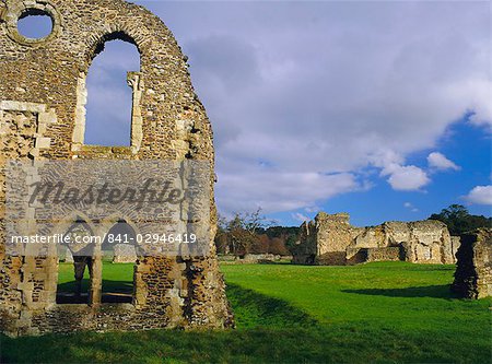 South gabled end of the lay brothers refectory and remains of the church beyond, 12th century ruins, Waverley Abbey, Farnhham, Surrey, England, United Kingdom, Europe