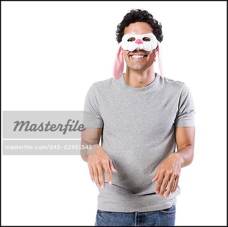 man wearing a bunny mask