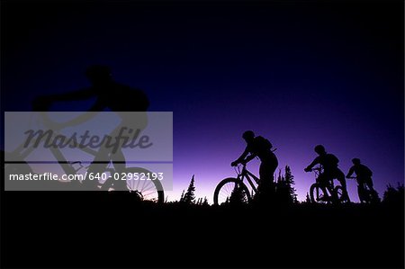 four mountain bikers in a row at dusk