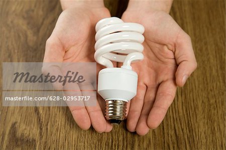 Energy efficient light bulb in hands, Germany