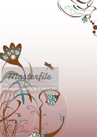 Abstract illustration with plants and dragonfly