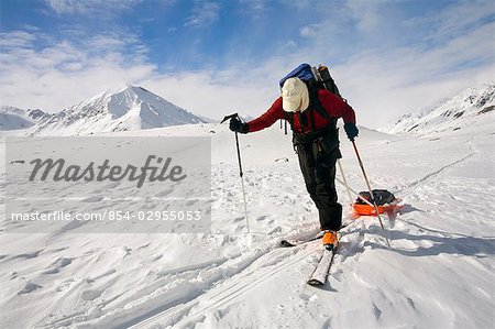 Mountaineer descending Black Rapids Glacier on skis pulling gear behind Interior Alaska Spring
