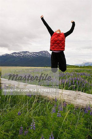 Weibliche Wanderer aus der Log-in Bereich der lupine Turnagain Arm South Central Alaska Sommer springen