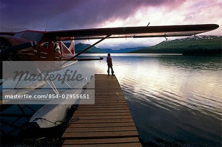 Fisherman Chelatna Lake Lodge Floatplane Docked Alaska Range Interior Summer Scenic