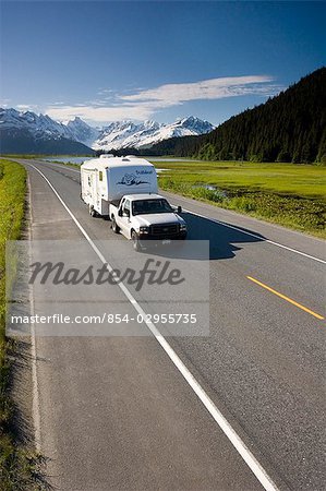 Vehicles Travel Seward Hwy Near Portage SC AK Summer Carpathian Peak Kenai Mtns