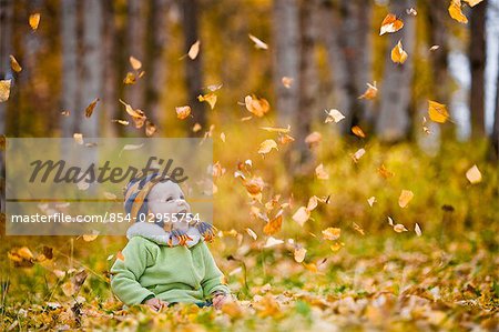 Young female child playing in the Fall leaves in an Anchorage park in Southcentral, Alaska