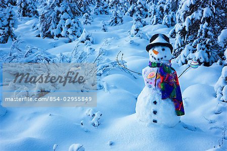 Snowman with colorful scarf and vest wearing a black top hat standing in snow covered spruce forest near Fairbanks, Alaska in Winter