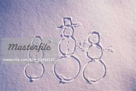 Drawing of snowman family in blanket of fresh snow winter Alaska