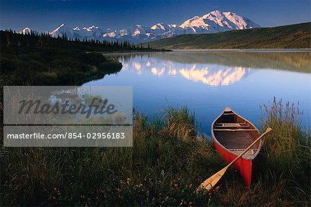 Canoeist in Wonder Lake w/Mt McKinley Denali NP IN AK Summer