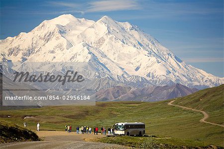 Visitors off ARAMARK tour bus @ Stony Hill view Mt.McKinley Alaska Range Denali National Park Alaska