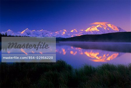 Sunset on Mt.McKinley reflecting in Wonder Lake at Denali National Park in Alaska.