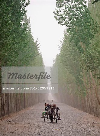 Famille voyageant sur chariot, Yarkand, Xinjiang, Chine