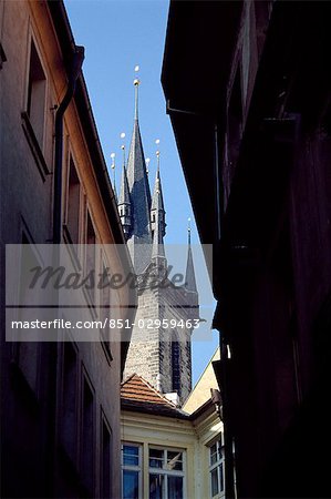 Tyn Church Spire from the backstreets,Prague,Czech Republic