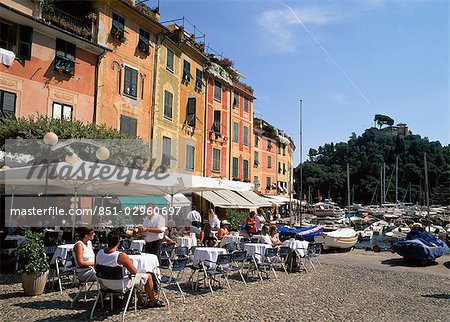 Seafront cafe in the harbour,Liguria,Italy.