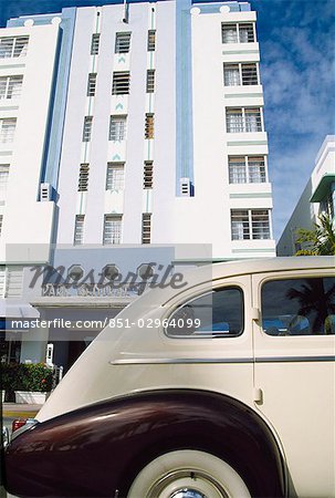 Old White car,art deco building,Miami,Florida,USA