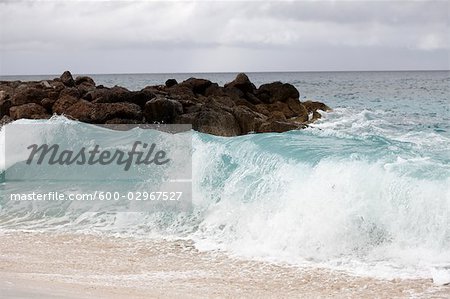 Vagues qui s'écrasent sur la plage rocheuse, Paradise Island, Bahamas