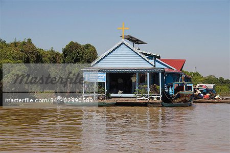 Flottant église, lac Tonlé Sap, Boat People vietnamiens, près de Siem Reap, Cambodge, Indochine, Asie du sud-est, Asie