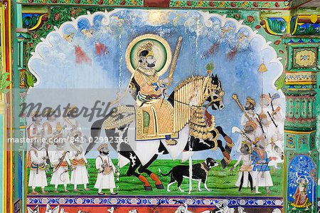 Superbe état de fresques sur les murs du Fort Mahal Juna, Dungarpur, Rajasthan, Inde, Asie
