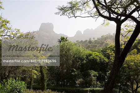View of volcanic mountains near Sao Jorge dos Orgaos Botanical Garden, Santiago, Cape Verde Islands, Africa