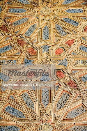 Carved and painted wood on door, Real Alcazar, Santa Cruz district, Seville, Andalusia (Andalucia), Spain