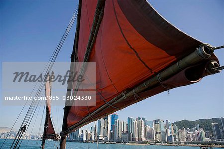 Chinese junk Dukling in Victoria Harbour with North Point and Hung Hom skyline at background