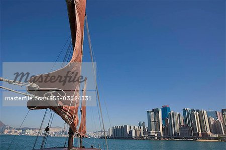 Chinese junk Dukling in Victoria Harbour with North Point and Hung Hom skyline at background