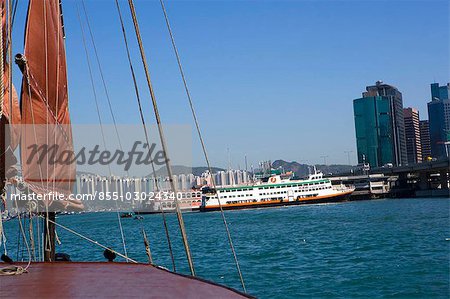 Chinese junk Dukling in Victoria Harbour with North Point  skyline at background