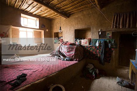 Bedroom Interior der Uyghur Leute Häuser, Dorf Tuyoq, Turfan, Xinjiang Uyghur Autonomie district, China