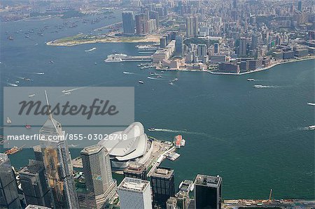 Luftaufnahme über den Wanchai & Victoria Harbour, Hong Kong
