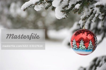 Christmas ornament hanging from snow-covered evergreen branch