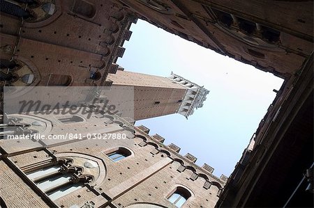 View of the bell tower of the Palazzo Pubblico, Siena, Tuscany, Italy, Europe