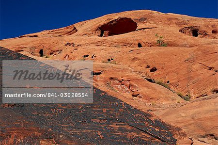 Petroglyphs drawn in sandstone by Anasazi Indians around 500 AD, in the Valley of Fire State Park in Nevada, United States of America, North America
