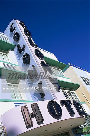 Low angle view of the neon sign of the Colony Hotel, Ocean Drive, Art Deco District, Miami Beach, South Beach, Miami, Florida, United States of America, North America