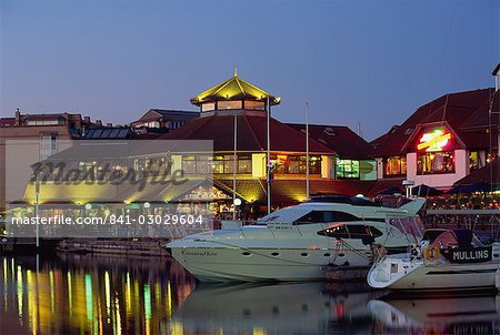Boats and restaurants at dusk, Marina, Port Solent, Hampshire, England, United Kingdom, Europe