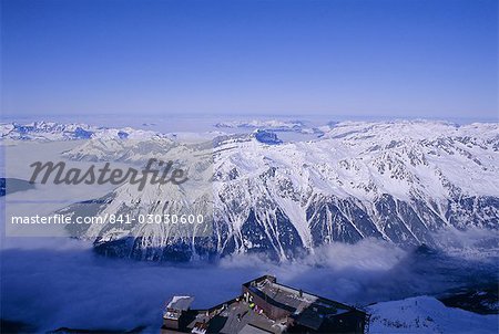 Vue de la station du Grand Massif et de ski de Flaine, Aguile du Midi, Chamonix, Savoie, Savoie, France, Europe