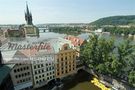 View from Charles Bridge overlooking Prague and Vltava River, Czech Republic, Europe