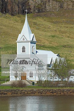 Blue Lutheran church, Seydisfjordur ferry terminal village, North East area, Iceland, Polar Regions