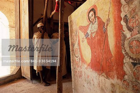 Peinture murale en intérieur, chrétien église de Narga Sélassié, île de Dek, lac Tana, Gondar, Éthiopie, Afrique