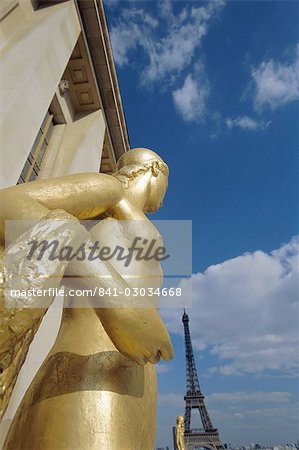 Statues at Trocadero and Eiffel Tower,Paris,France,Europe