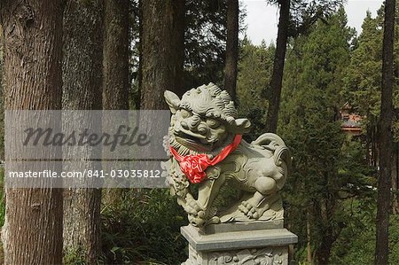 Statue de lion, forêt de cèdres, Alishan National Forest recreation area, le comté de Chiayi, Taïwan, Asie