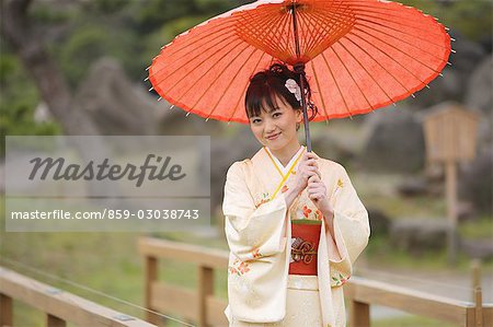 Woman Dressed in Kimono Standing Holding Parasol