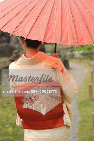 Woman Wearing Kimono Walking Holding Parasol