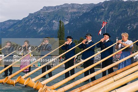 Alphorn players, Unspunnen Bicentenary festival, Interlaken, Jungfrau region, Switzerland, Europe