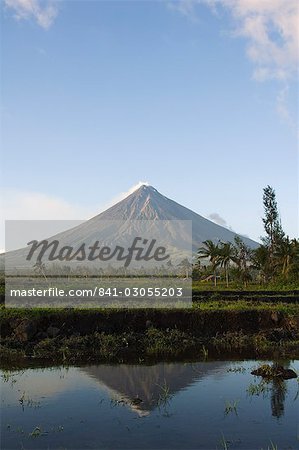 Mont Mayon, 2462 m, cône du volcan proche de la perfection avec panache de fumée reflétée dans la rizière, Province de Bicol, au sud-est de Luzon, aux Philippines, Asie du sud-est, Asie Mont Mayon, 2462 m, cône du volcan proche de la perfection avec panache de fumée reflétée dans la rizière, Province de Bicol, au sud-est de Luzon, aux Philippines, Asie du sud-est, Asie