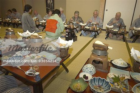 Traditional Japanese inn ryokan meal, Hiroshima prefecture, Honshu, Japan, Asia