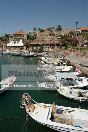 Boats in old port harbour, Byblos, Lebanon, Middle East