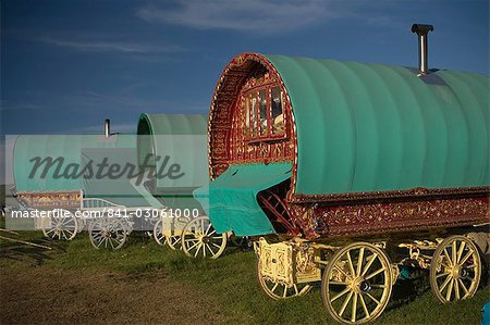 Horse drawn hooped caravans, Appleby annual horse fair, Eden Valley, Lake District, Cumbria, England, United Kingdom, Europe