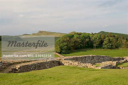 Roman Wall at Housesteads Fort looking east to Sewing Shields Crags, Hadrian's Wall, UNESCO World Heritage Site, Northumberland, England, United Kingdom, Europe