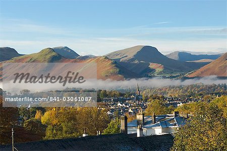 View over Keswick to Catbells, Causey Pike, Robinson, Lake District, Cumbria, England, United Kingdom, Europe