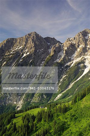 View of the Hoher Goll mountain range from the Rossfeld Panoramastrasse (Rossfeldhoehenringstrasse or Panoramic Highway), Berchtesgaden, Bavaria, Germany, Europe
